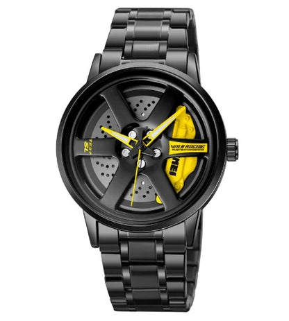 SMAIER Men’s Black Racing Wheel Design Stainless Steel Watch