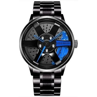 SMAIER Men’s Black Racing Wheel Design Stainless Steel Watch