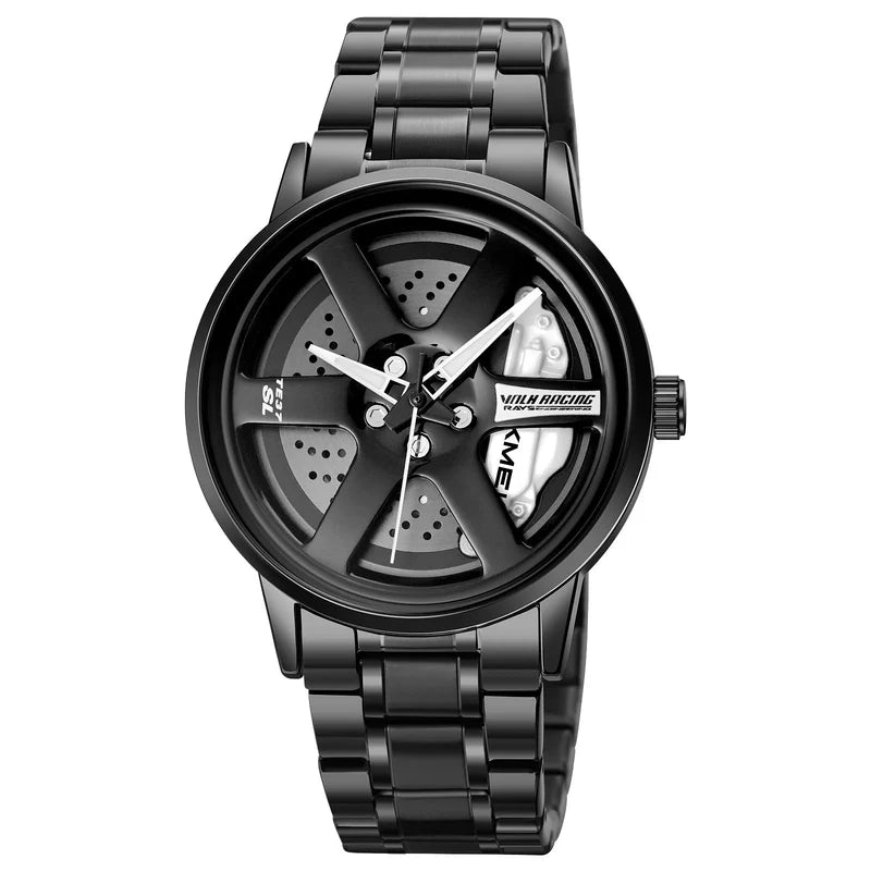 SMAIER Men’s Black Racing Wheel Design Stainless Steel Watch